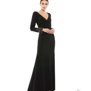 BEADED CUFF LONG SLEEVE WRAP OVER TRUMPET GOWN Color -Black Size 4 New With Tags